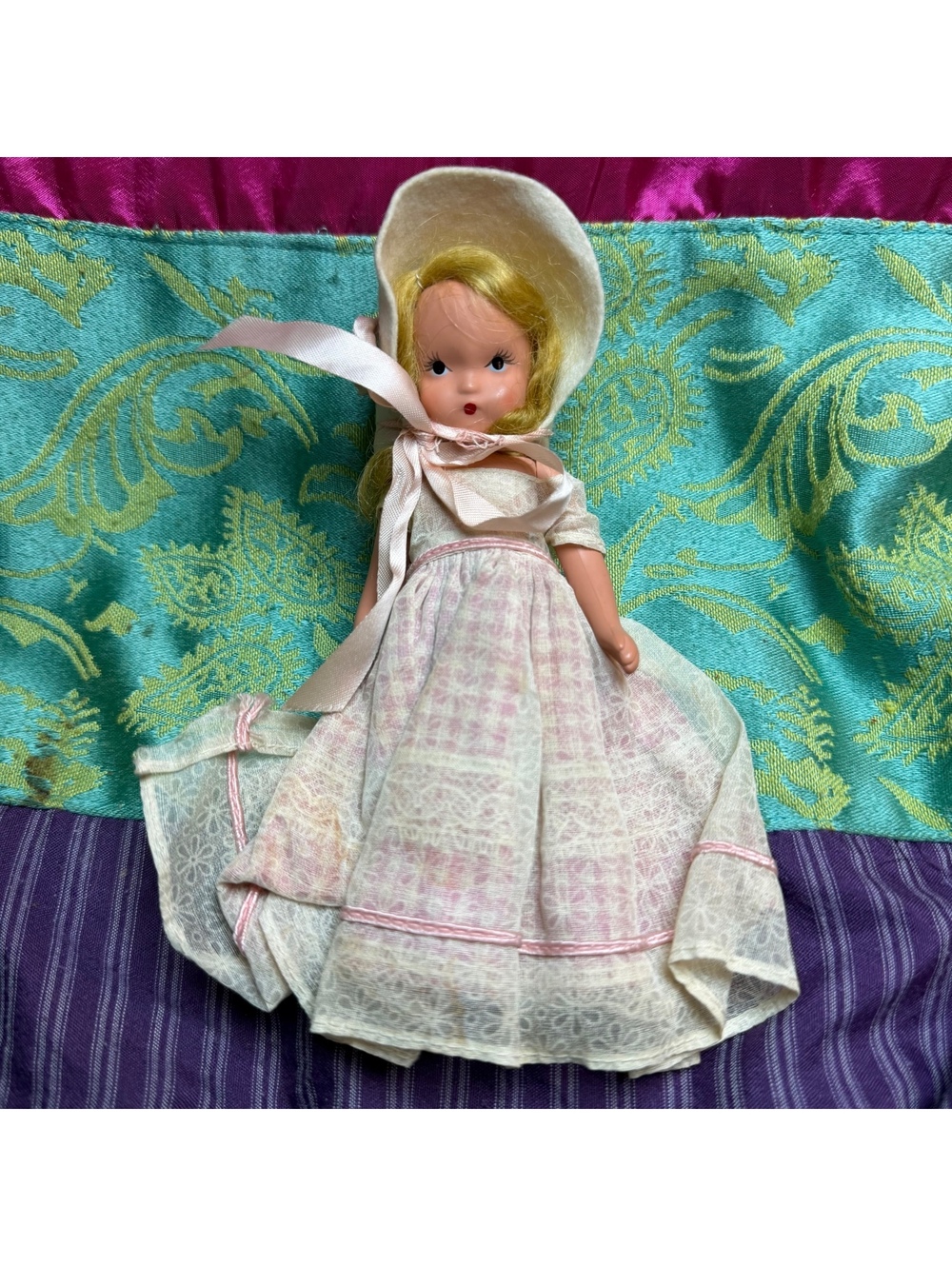 Vintage Nancy Ann Storybook Doll Plaid Dress & Bonnet